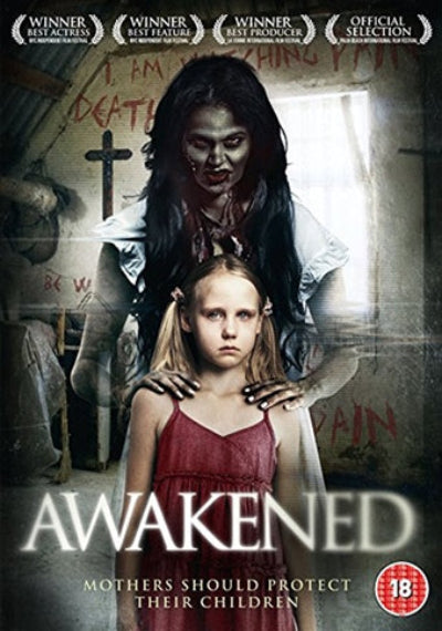 Movie poster for 'Awakened' featuring a woman and a child with horror elements.