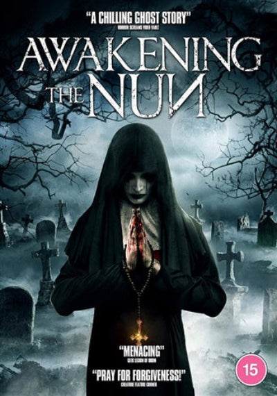Movie poster for 'Awakening the Nun' with a nun in a dark hooded robe in a cemetery.