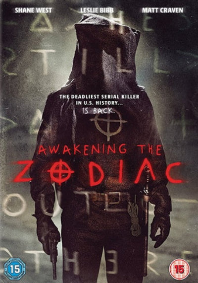 Movie poster for 'Awakening the Zodiac' featuring a hooded figure with text about a serial killer.