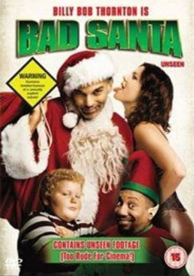 DVD cover for the movie 'Bad Santa' starring Billy Bob Thornton as Santa Claus, featuring a group of comedic characters against a light background with prominent green title text.