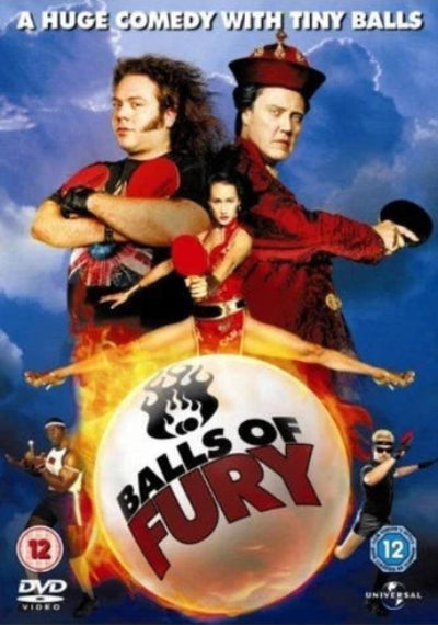 DVD cover for the movie 'Balls of Fury' featuring cast members in a comedic scene with a large flaming ball and the title 'BALLS OF FURY' in bold red letters. Universal logo is visible in the bottom right corner.