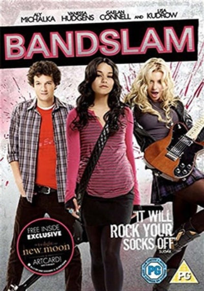 Movie poster for 'Bandslam' featuring three main characters with a pink and black design.