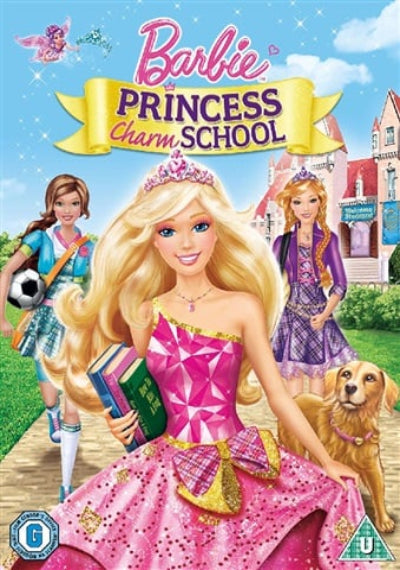 Barbie in 'Princess Charm School' with a school building and friends in the background