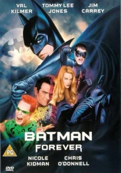 Movie poster for Batman Forever featuring Batman, Catwoman, and other characters from the film, with the title 'BATMAN FOREVER' and actor names at the top.