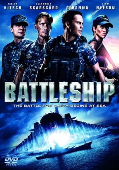 Battleship DVD movie cover featuring four military crew members at the top, large metallic title text, and a dramatic blue-toned naval battle scene with a battleship and boats below.
