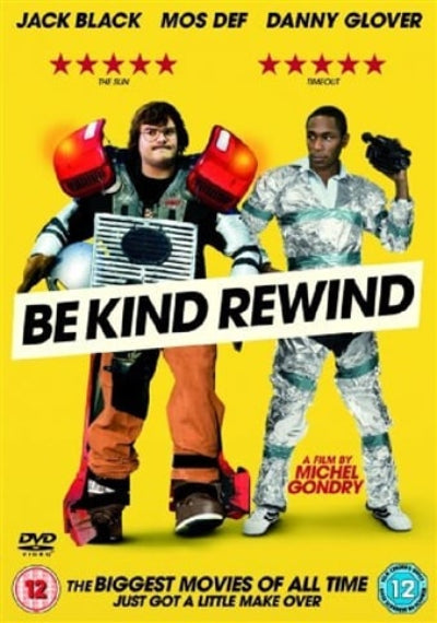 Movie poster for 'Be Kind Rewind' featuring two characters with a yellow background.