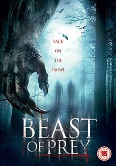 Movie poster for 'Beast of Prey' with a creature and silhouettes in a forest.