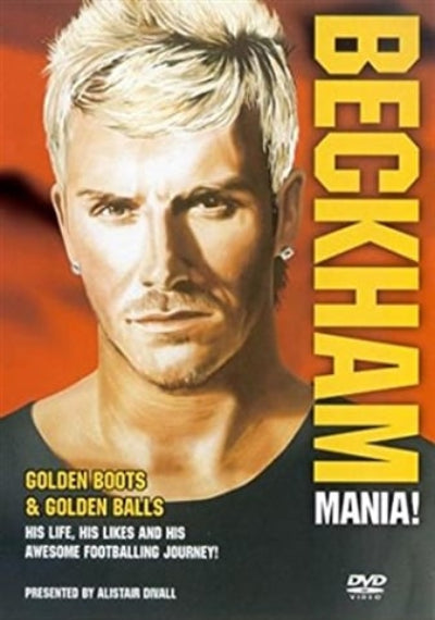 DVD cover featuring a person with blonde hair and a black shirt, with text about 'Beckham Mania' on an orange background.
