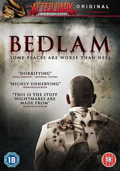 DVD cover of 'Bedlam' with a person in a distressed state, text about the movie's rating and themes.