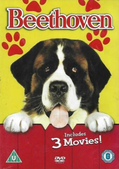 DVD cover of 'Beethoven' with a dog's face and red paw prints on a yellow background