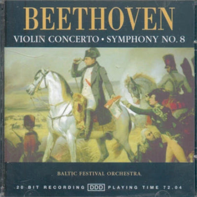 CD cover of Beethoven Violin Concerto and Symphony No. 8 featuring artwork of a man on horseback.