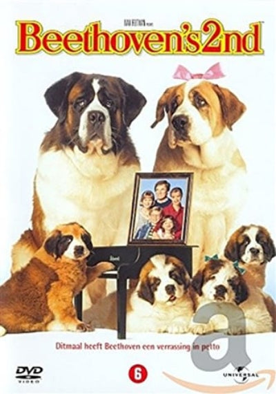 DVD cover of 'Beethoven's 2nd' featuring Saint Bernard dogs around a piano with a family photo.