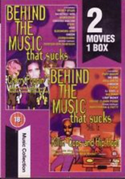 Two movie covers for 'Behind the Music that Sucks' on a purple background