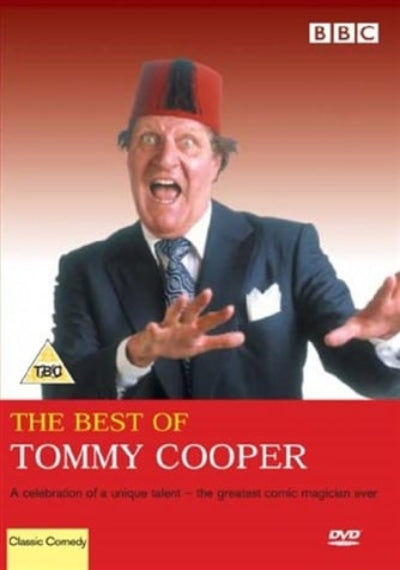 DVD cover for 'The Best of Tommy Cooper' featuring a photo of the comedian in a dark suit and fez hat against a red gradient background, with BBC and TBC logos.