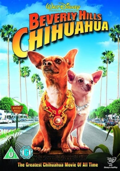 Movie poster for 'Beverly Hills Chihuahua' with two chihuahuas on a road with palm trees.