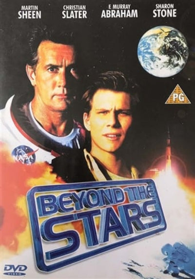Movie poster for 'Beyond the Stars' featuring two main characters and Earth in the background.