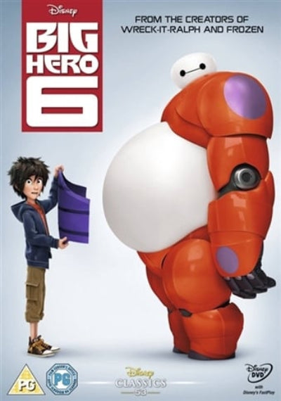 Big Hero 6 DVD cover with robot and boy, featuring Disney branding.