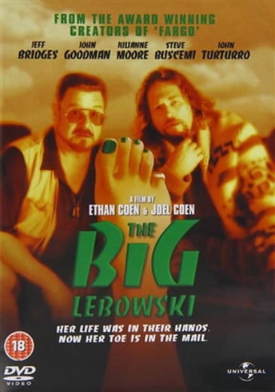 Movie DVD for 'The Big Lebowski' featuring two main characters and text about the film. New DVD