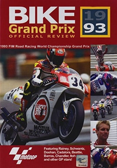 Front cover of the 'Bike Grand Prix 1993 Official Review' publication, featuring a large action photo of a motorcycle racer on a Suzuki bike, smaller race photos along the right side, and Moto2 logo branding at the bottom.