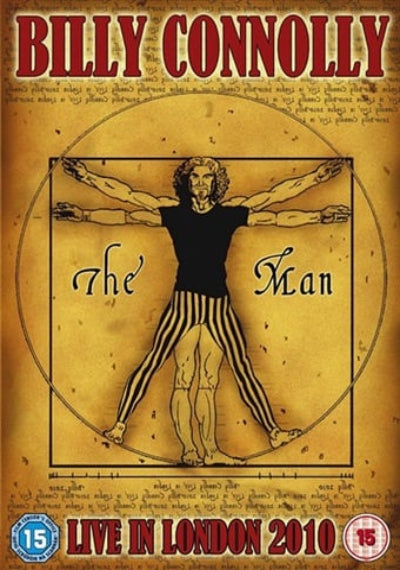 Album cover for Billy Connolly's 'The Man' live performance in London, 2010. The design features a sepia-toned background with a Vitruvian Man illustration, with the artist's name 'BILLY CONNOLLY' in large red letters at the top and the title 'The Man' in the center.