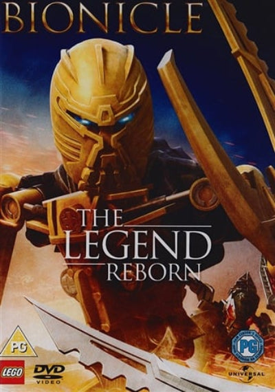 Front cover artwork for LEGO The Legend Reborn Bionicle DVD, featuring a golden Bionicle warrior with blue eyes and a dark blue background. Visible text includes 'BIONICLE', 'THE LEGEND REBORN', LEGO, and DVD VIDEO.