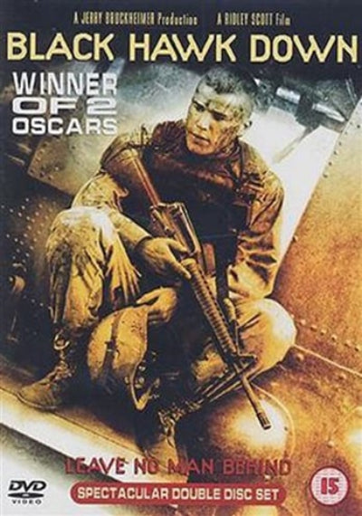 DVD cover of 'Black Hawk Down' with a soldier holding a rifle.
