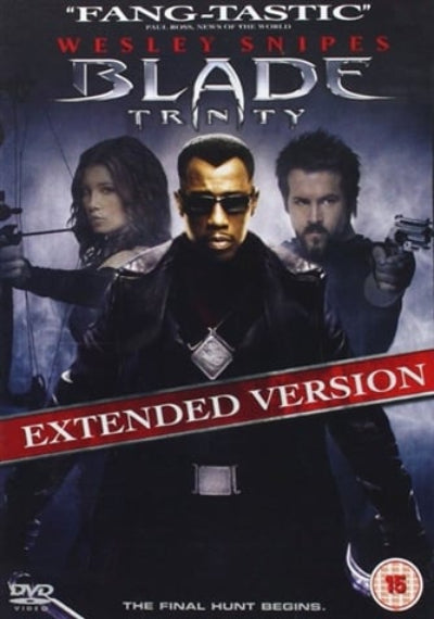 DVD cover for Wesley Snipes' Blade Trinity Extended Version, featuring Wesley Snipes in the center with two other characters behind him, large 'BLADE TRINITY' title text, and a red banner reading 'EXTENDED VERSION'.