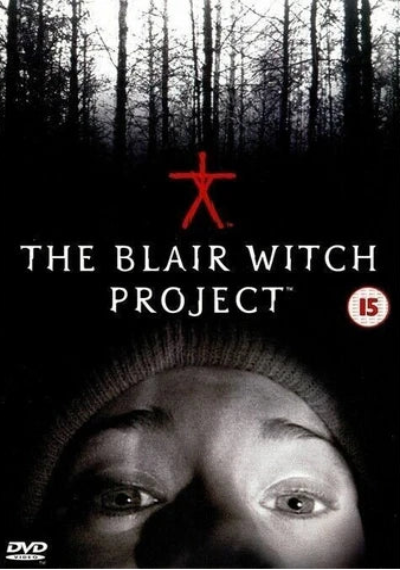 DVD cover of 'The Blair Witch Project' with a person wearing a beanie and red symbol in the woods.