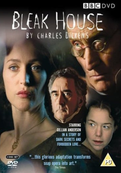 DVD cover of 'Bleak House' by Charles Dickens featuring four characters and BBC logo.