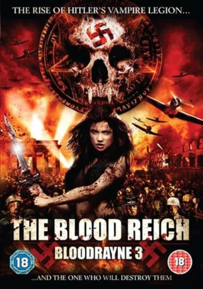 Movie poster for 'The Blood Reich' featuring a woman with a weapon and a skull with a swastika.