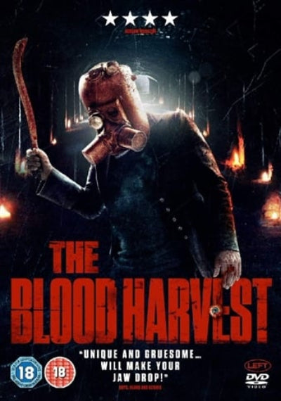 Movie poster for 'The Blood Harvest' featuring a person in a gas mask with a knife, dark background with lanterns.