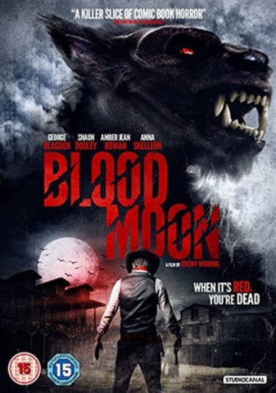 Movie poster for 'Blood Moon' featuring a wolf and a person with a hat.