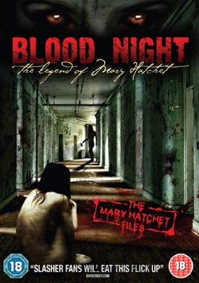 Movie poster for 'Blood Night: The Legend of Mary Hatchet' with a hallway scene and text.