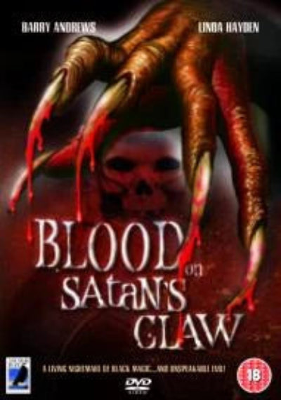 Movie poster for 'Blood of Satan's Claw' with a clawed hand and skull design.