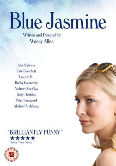 Movie poster for 'Blue Jasmine' with a woman's face and text about the film.