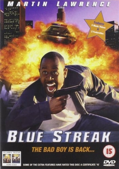 DVD cover of 'Blue Streak' featuring a man with a gun and an alien spaceship in the background.