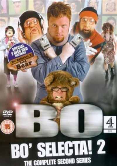 DVD cover of 'Bo' Selecta! 2' featuring three men and a bear, with promotional text and logos.