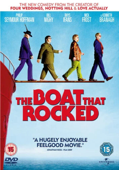 Movie poster for 'The Boat That Rocked' with four characters walking on a pier.