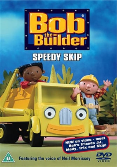 Bob the Builder: Speedy Skip DVD cover featuring Bob, Skip, and the yellow Skip truck against a blue sky background, with a DVD Video logo at the bottom right.