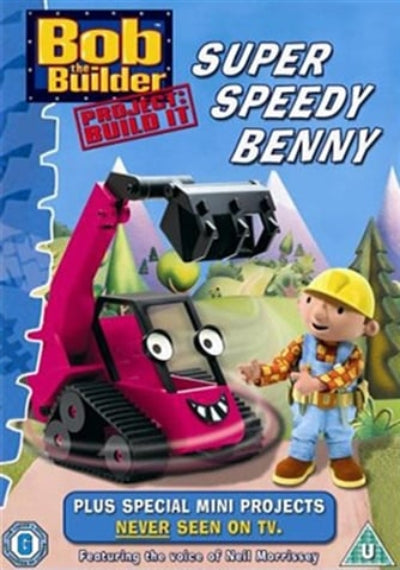 Front cover of the Bob the Builder Super Speedy Benny DVD, featuring Bob in a yellow hard hat next to a pink excavator on a blue mountain landscape background.