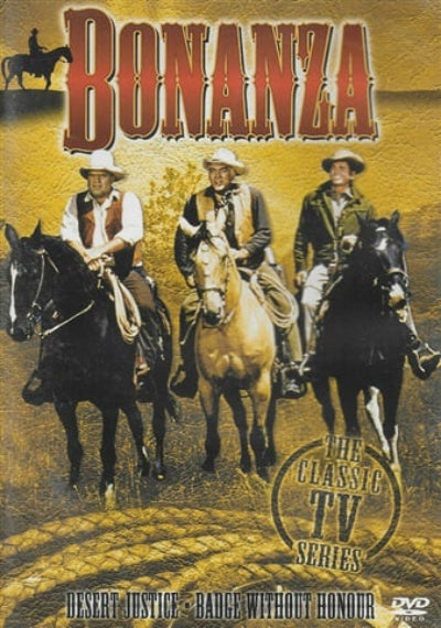 DVD cover for 'Bonanza: The Classic TV Series' featuring three cowboys on horseback against a golden desert background with the title 'Bonanza' in large red letters.