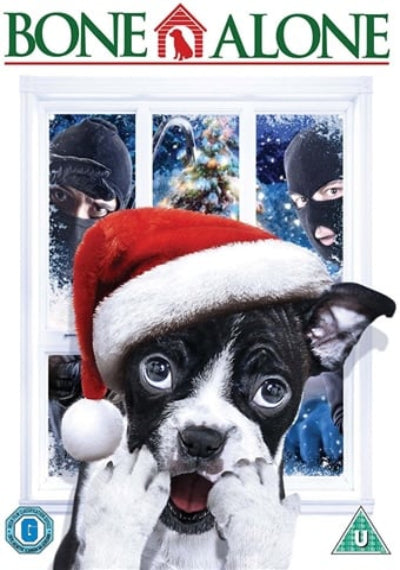Dog wearing a Santa hat with masked figures and a Christmas tree in the background, labeled 'Bone Alone'.