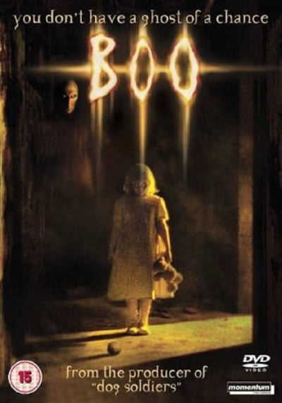 Movie poster for 'Boo' with a child holding a teddy bear and ghostly figure in the background.