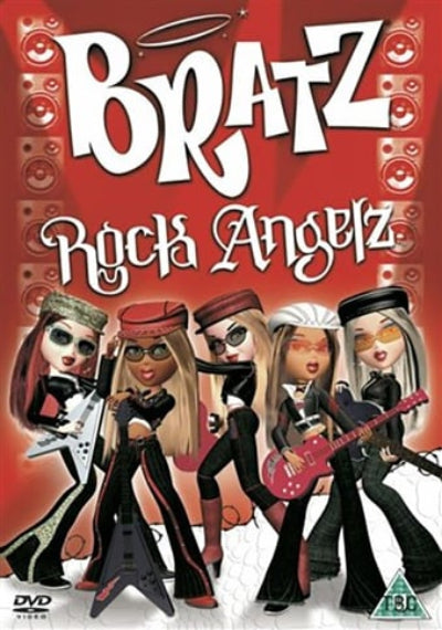 Cover of 'Bratz Rock Angelz' DVD with five dolls in rock-themed outfits on a red background.