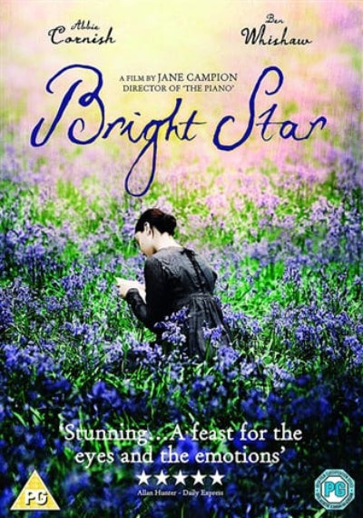 Movie poster for 'Bright Star' with a woman in a field of flowers.