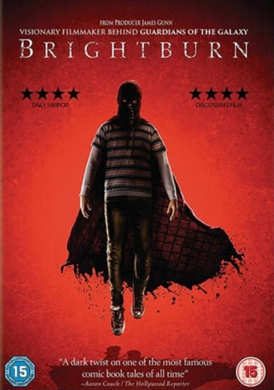 Movie poster for 'Brightburn' with a character in a hooded outfit on a red background.