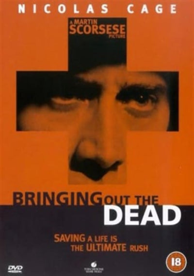 Movie poster for 'Bringing Out the Dead' featuring a close-up of a person's face with an orange and black background.
