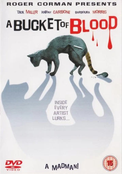 DVD cover of 'A Bucket of Blood' with a cat and blood text, featuring Roger Corman.