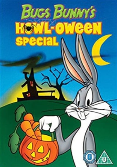 Bugs Bunny's Howl-Oween Special cover art featuring Bugs Bunny holding a jack-o'-lantern bucket in front of a haunted house at night under a crescent moon.