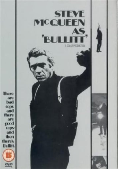 Promotional poster for 'Bullitt' featuring Steve McQueen, with text about the film's message.